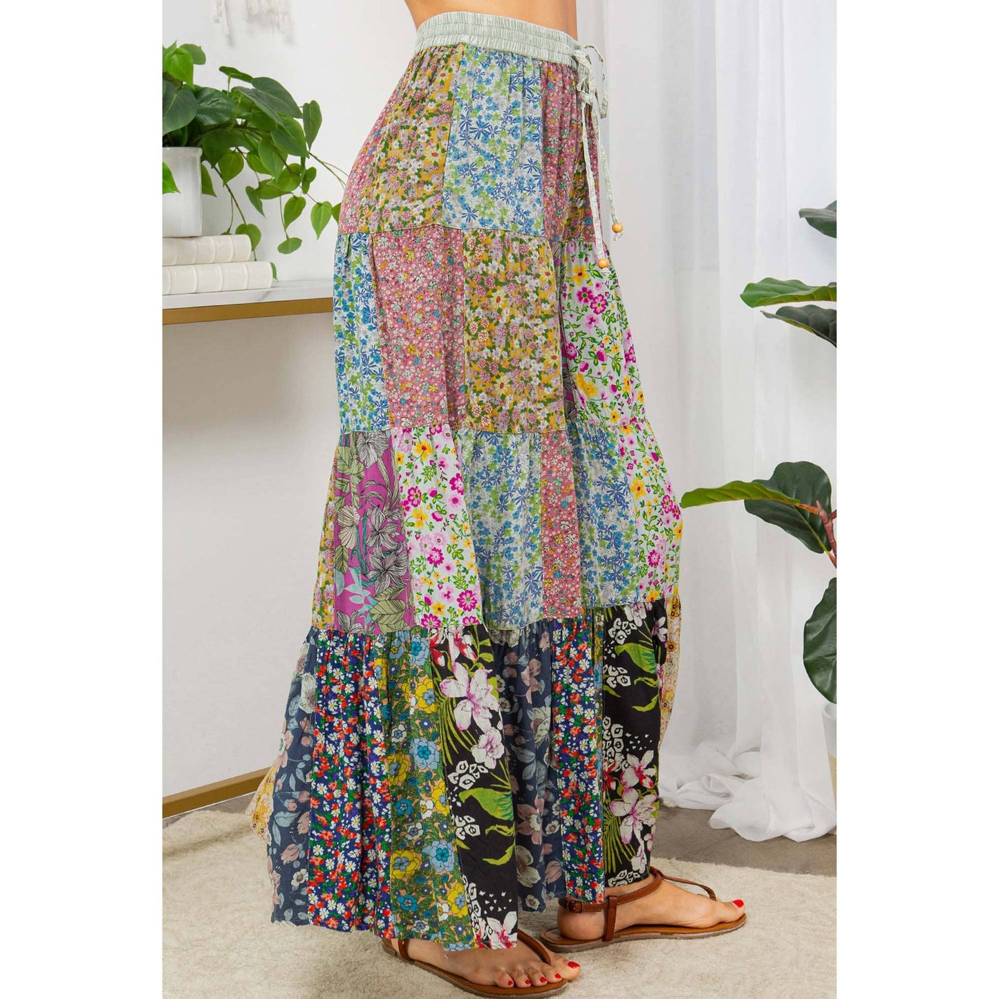 Printed Patchwork Overdyed Pants With 4 Tiers: Olive / (S-M-L-XL 1-2-2-1)