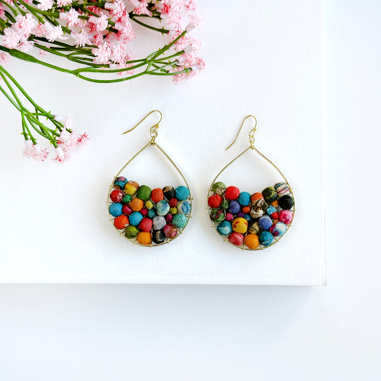 Embedded Kantha Teardrop Earrings