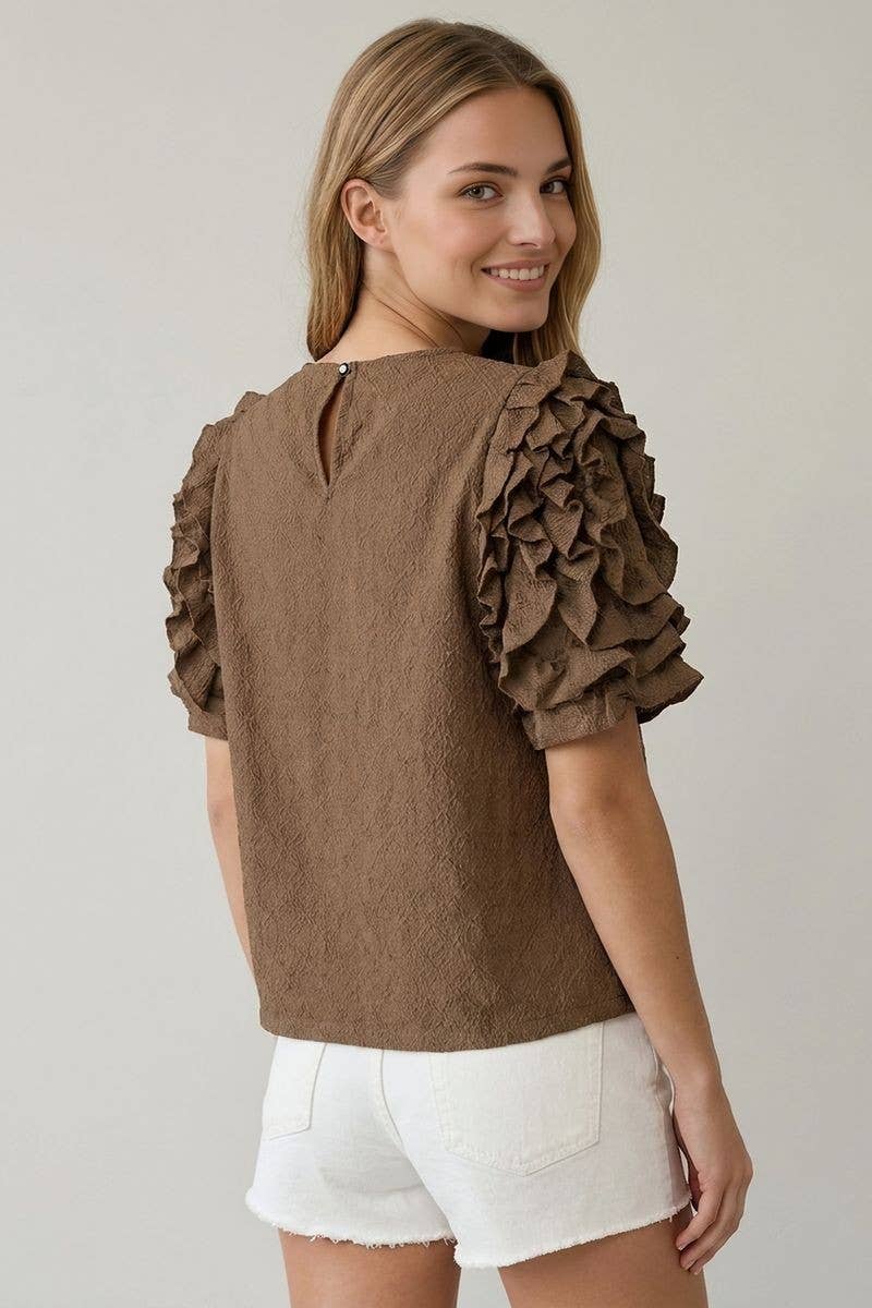 DIAMONT TEXTURED RUFFLE PUFF SLEEVE TOP - 46027T-1: Black / Contemporary / S