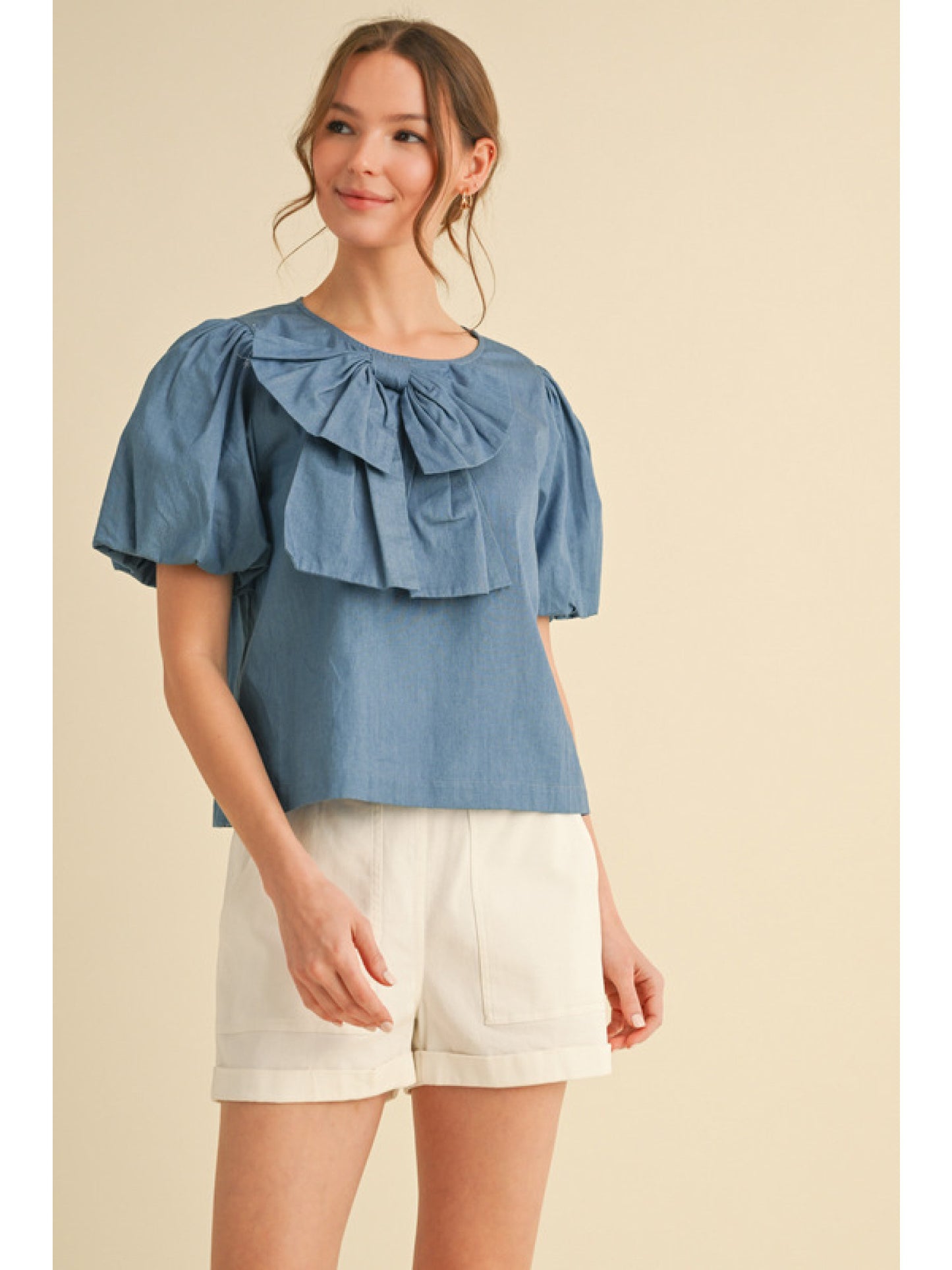 Chambray Puff Sleeve Bow Top