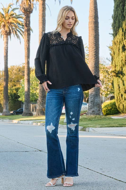 Black Eyelet Long Sleeve Blouse