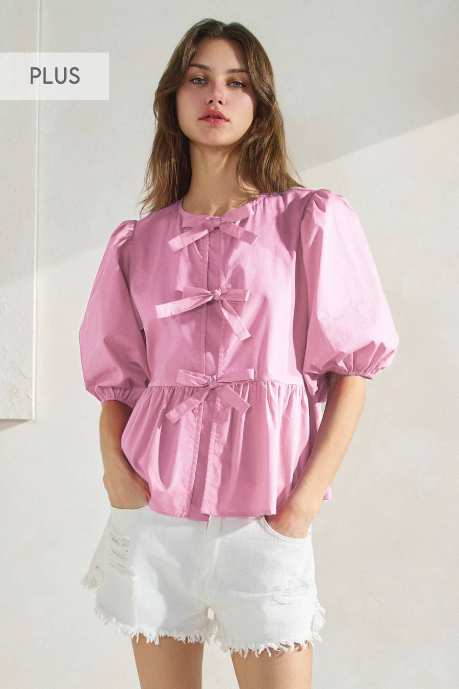Plus Solid Cotton Poplin Front Tie Ribbon Blouse: Red / XL