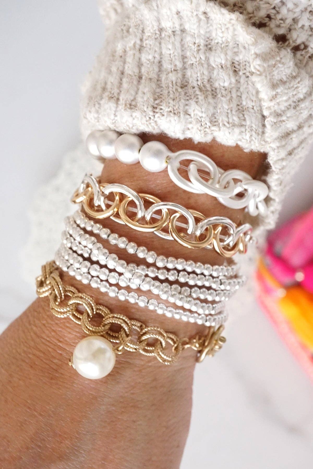 Silver tone Small Beaded Bracelet Set of 5