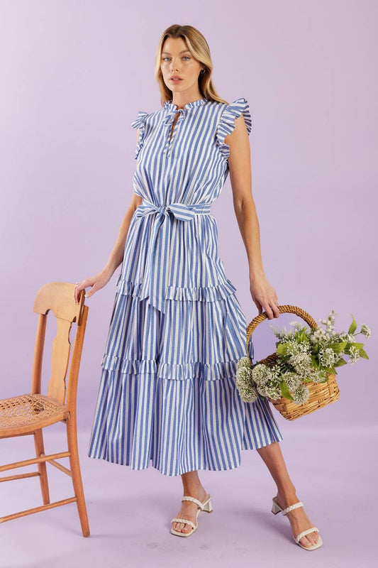 Blue & White Striped Midi Dress