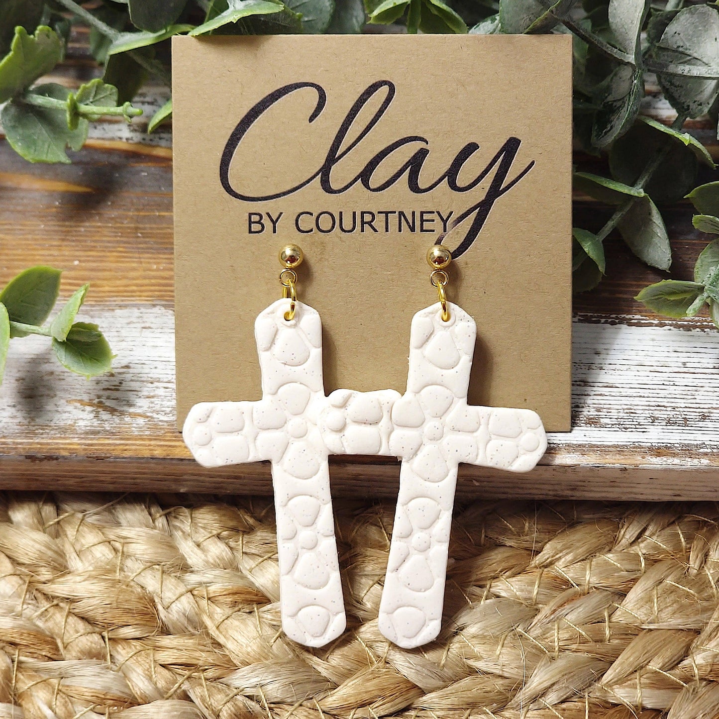 Clay Floral Cross Earrings: White