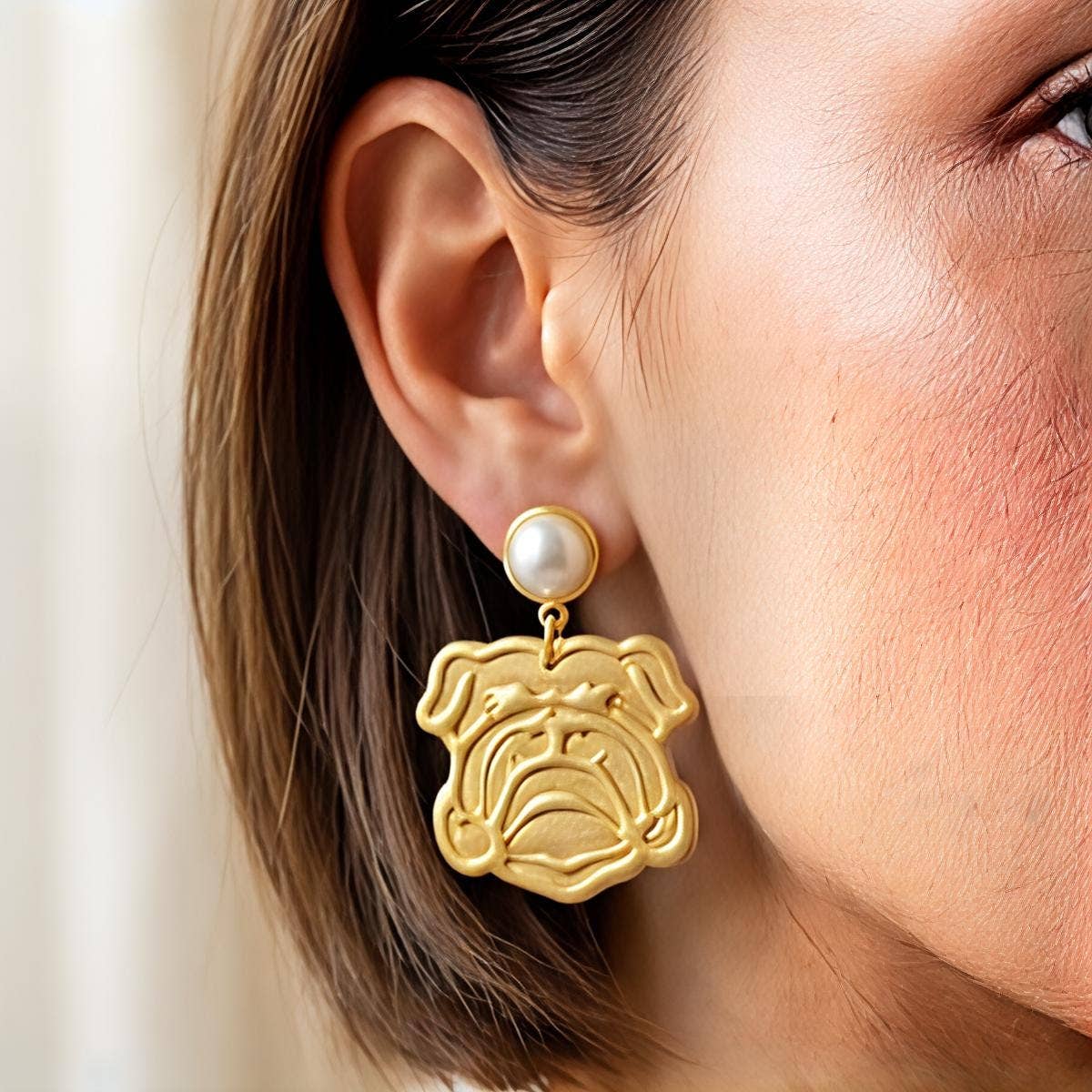 Handcrafted Bulldog Dangle Earring: White