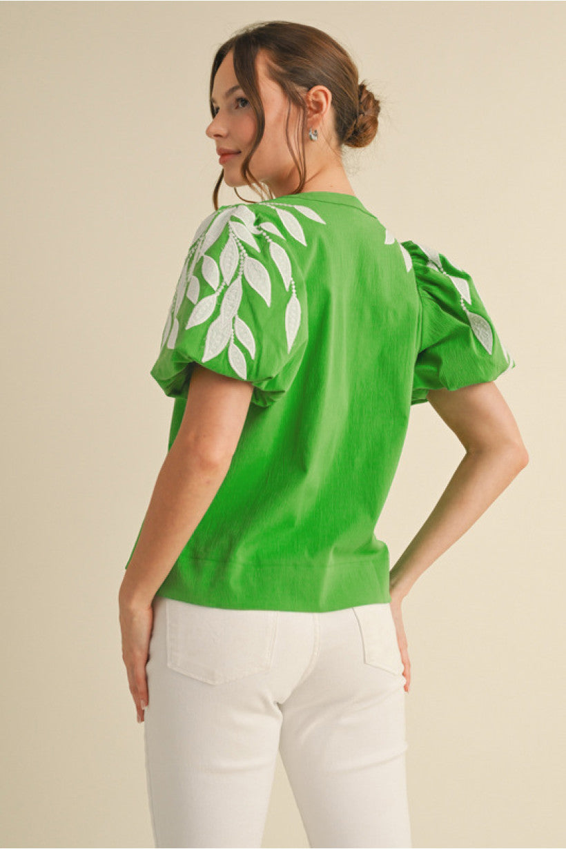 Green Top with White Appliqué