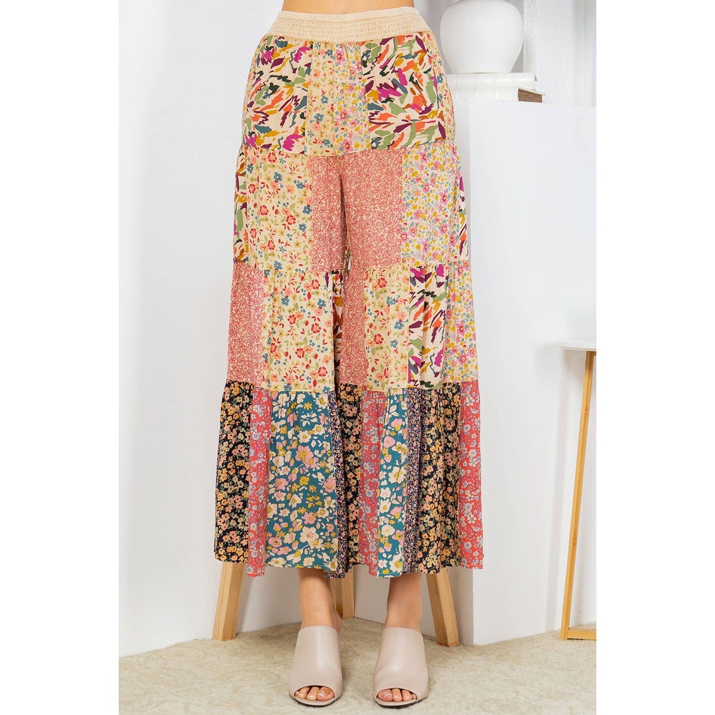Printed Patchwork Overdyed Pants With 4 Tiers: Olive / (S-M-L-XL 1-2-2-1)