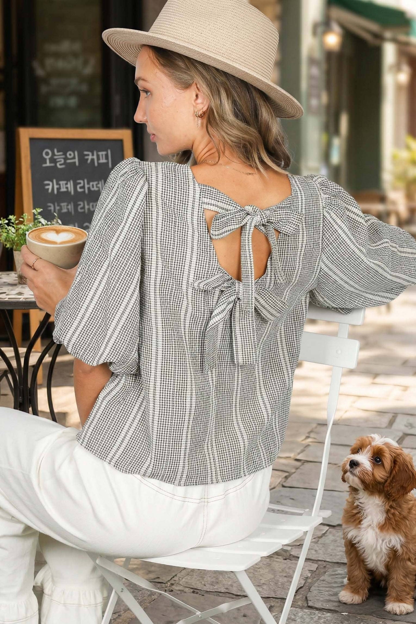 V-Back 2 Bow Accent Feminine Plaid Blouse Top VT82621C: Yellow / S