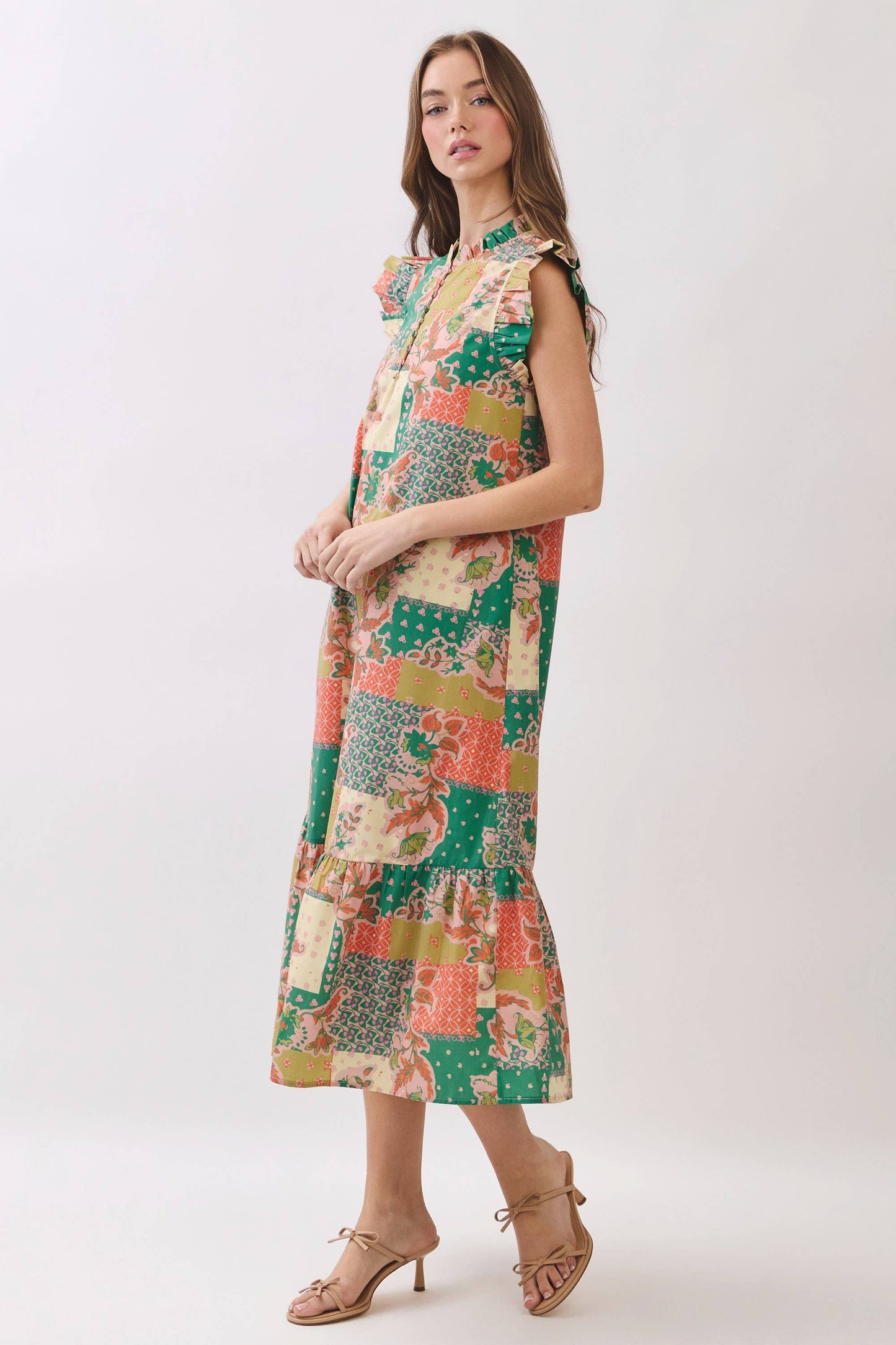 CD07299-Patchwork Print Ruffle Sleeve Midi Dress: MULTI / S