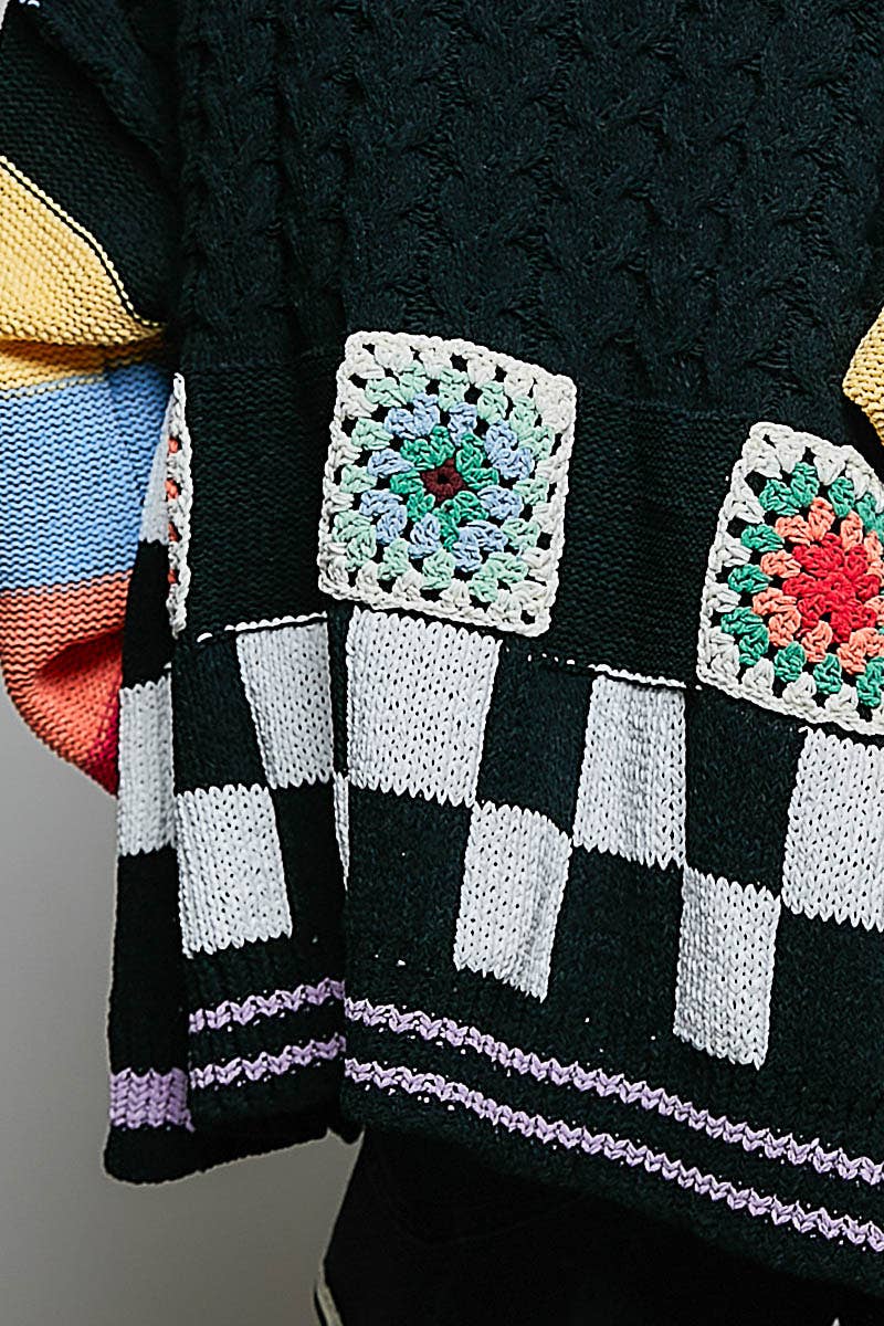 Handmade Patchwork Striped Chenille Sweater Open Cardigan: ROSE MULTI / S