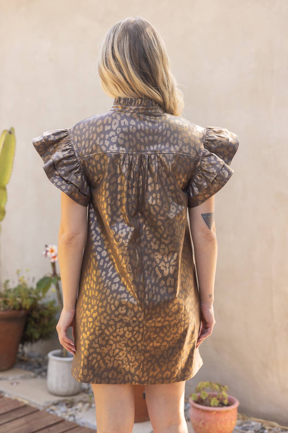 Brown Leopard Print Ruffle Sleeve Dress