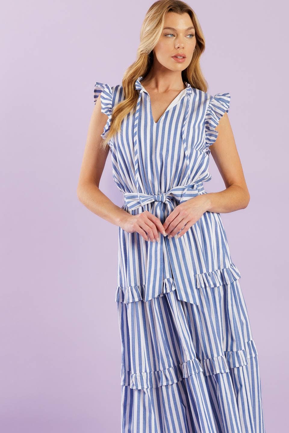 Blue & White Striped Midi Dress
