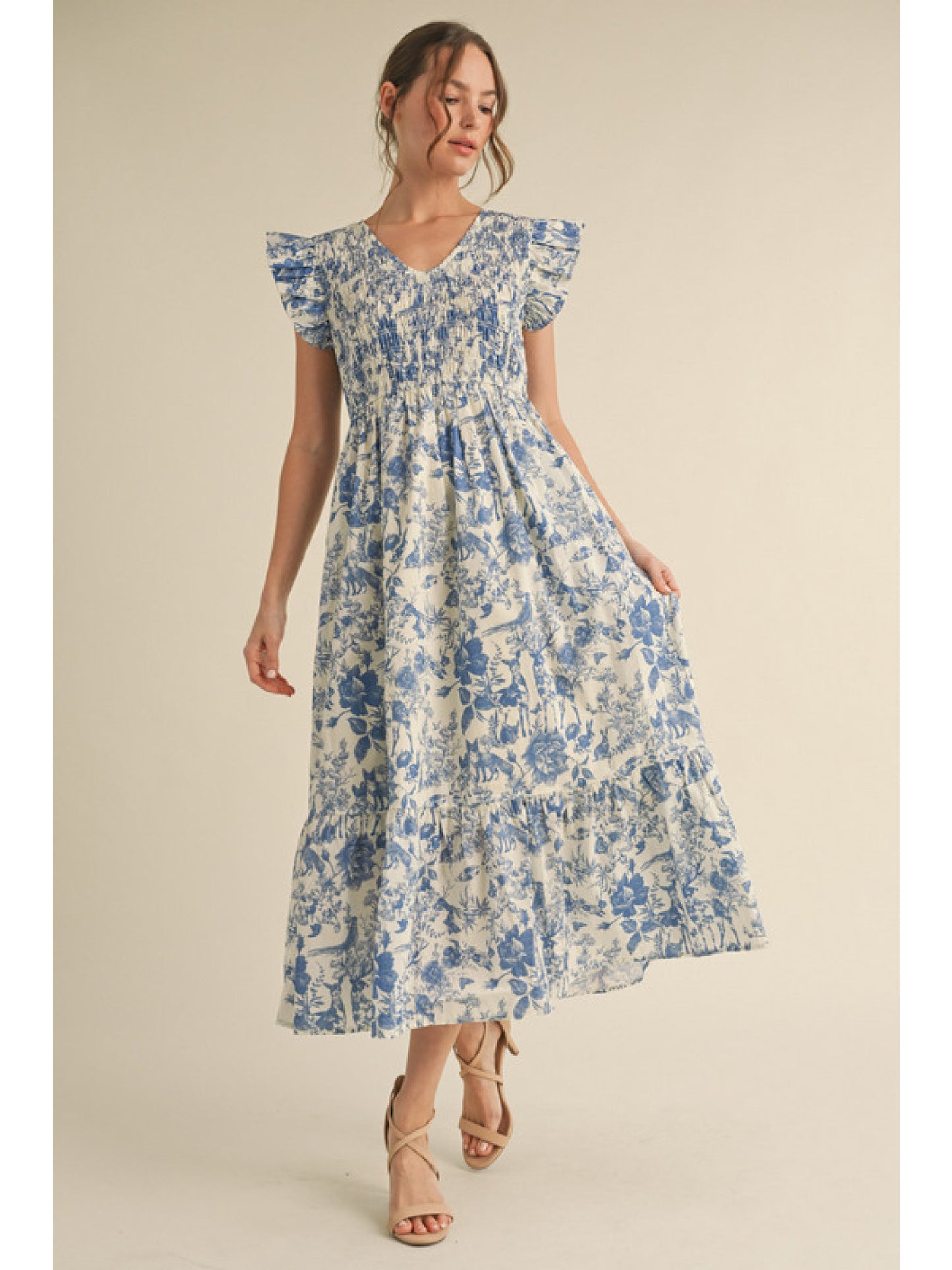 Blue Landscape Print Midi Dress