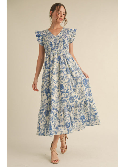 Blue Landscape Print Midi Dress