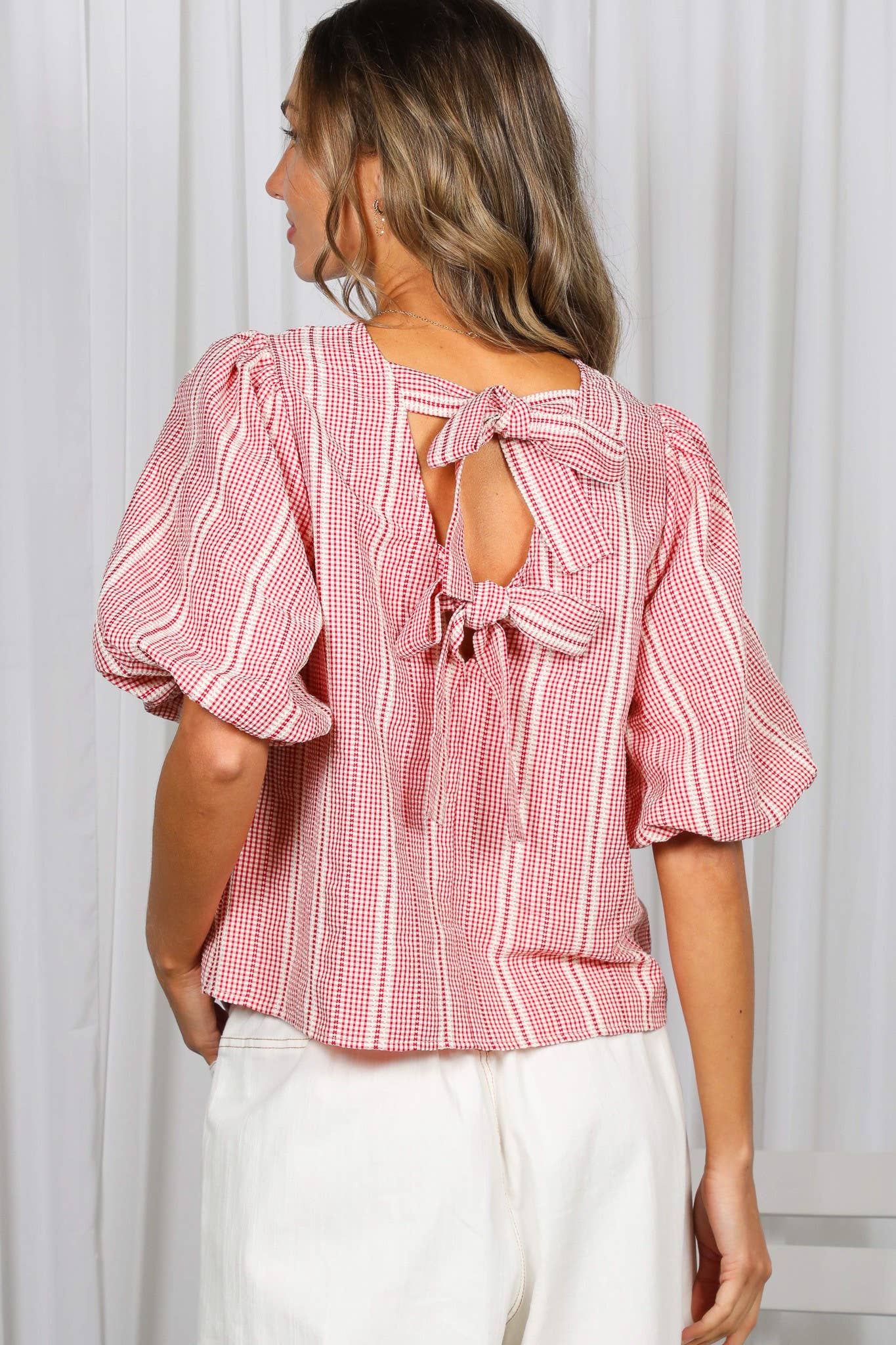V-Back 2 Bow Accent Feminine Plaid Blouse Top VT82621C: Yellow / S