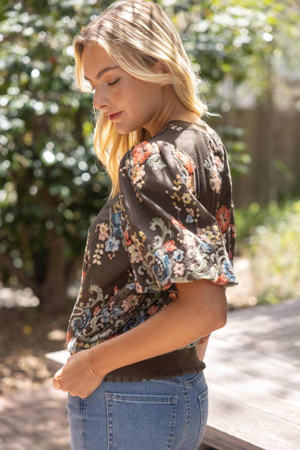 37037 Floral Embroidered Boarder Print Rib Band Top: Brown / S