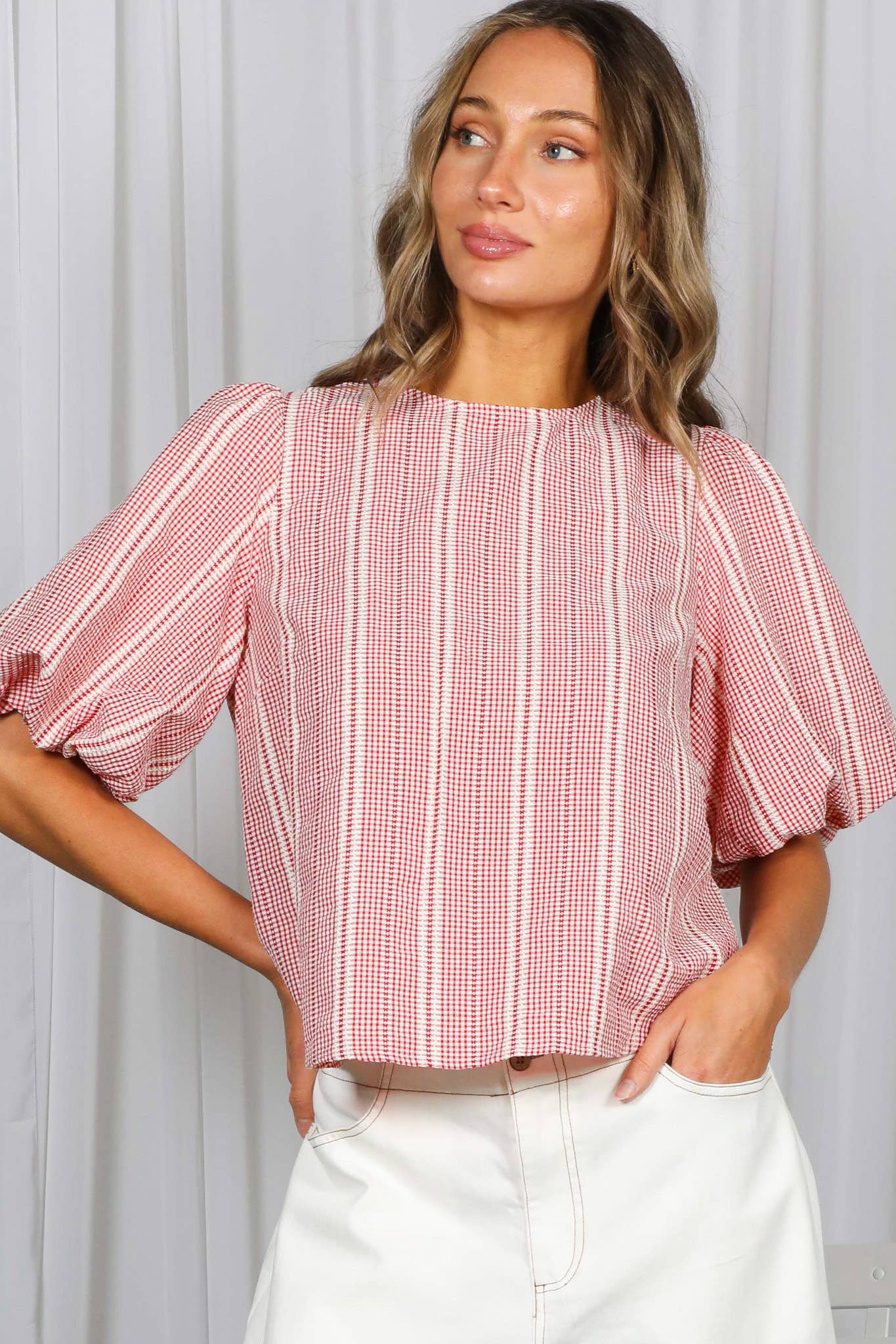 V-Back 2 Bow Accent Feminine Plaid Blouse Top VT82621C: Yellow / S