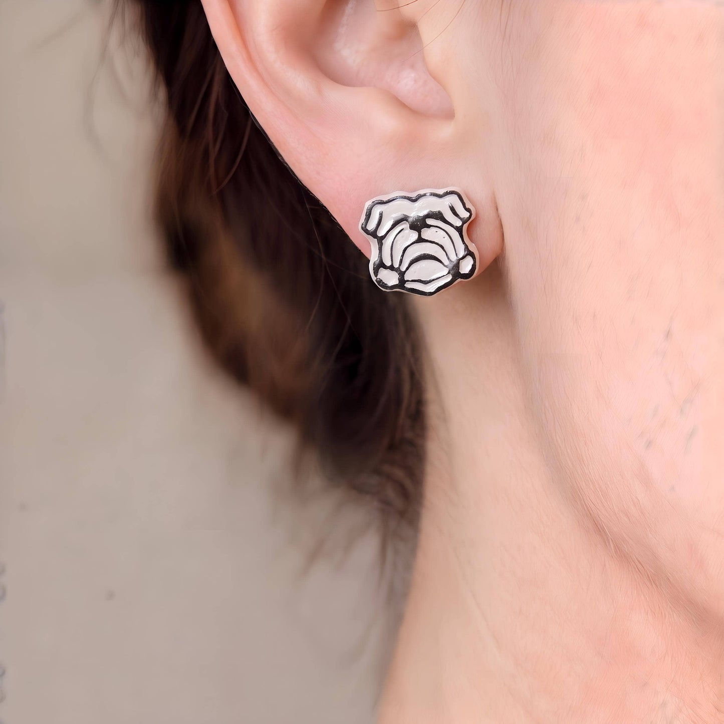 White and Gold Bulldog Earrings: Gold