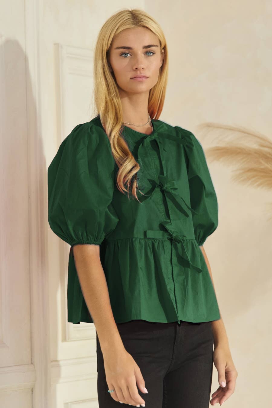 Plus Solid Cotton Poplin Front Tie Ribbon Blouse: Red / XL