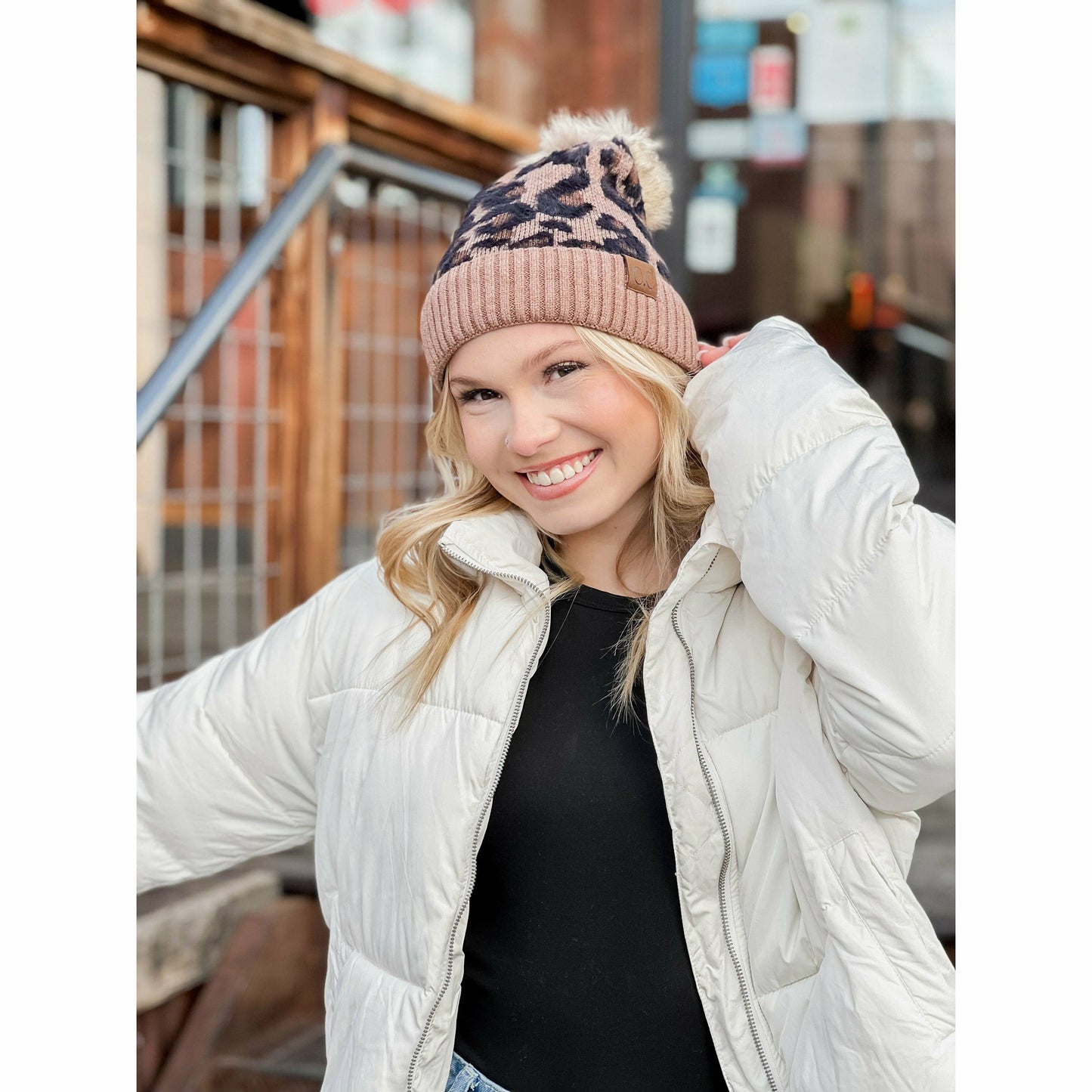 Taupe Leopard Pattern Faux Fur Pom Beanie