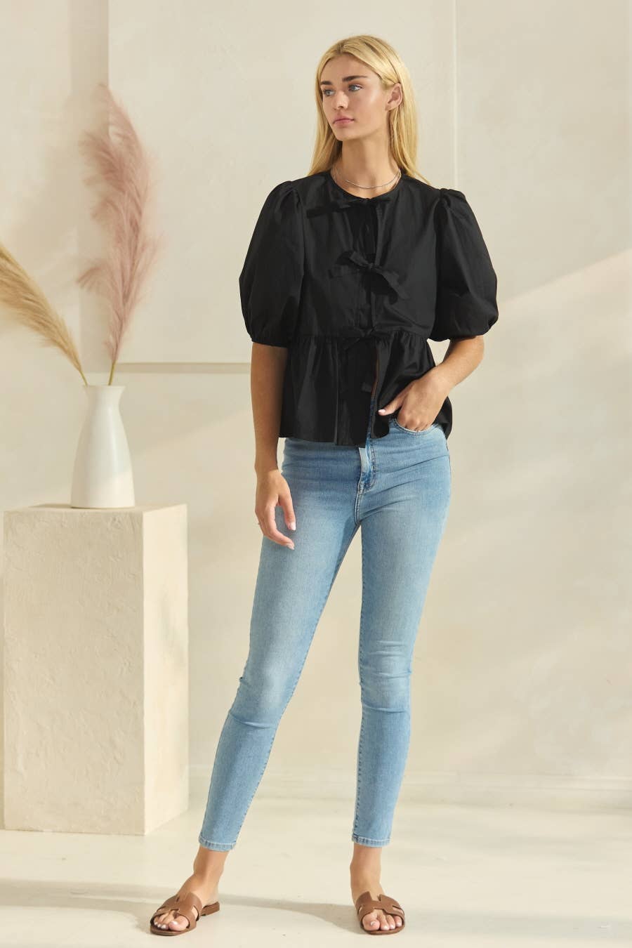 Plus Solid Cotton Poplin Front Tie Ribbon Blouse: Red / XL