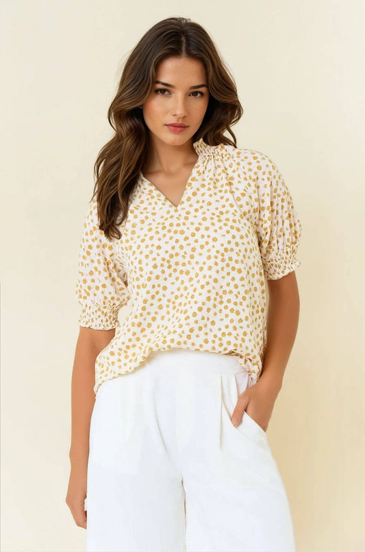 Mustard Spotted Smocked Sleeve Top