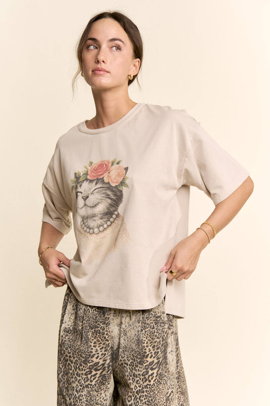 BLOSSOM-CROWNED KITTY PRINTED TOP: Beige / S