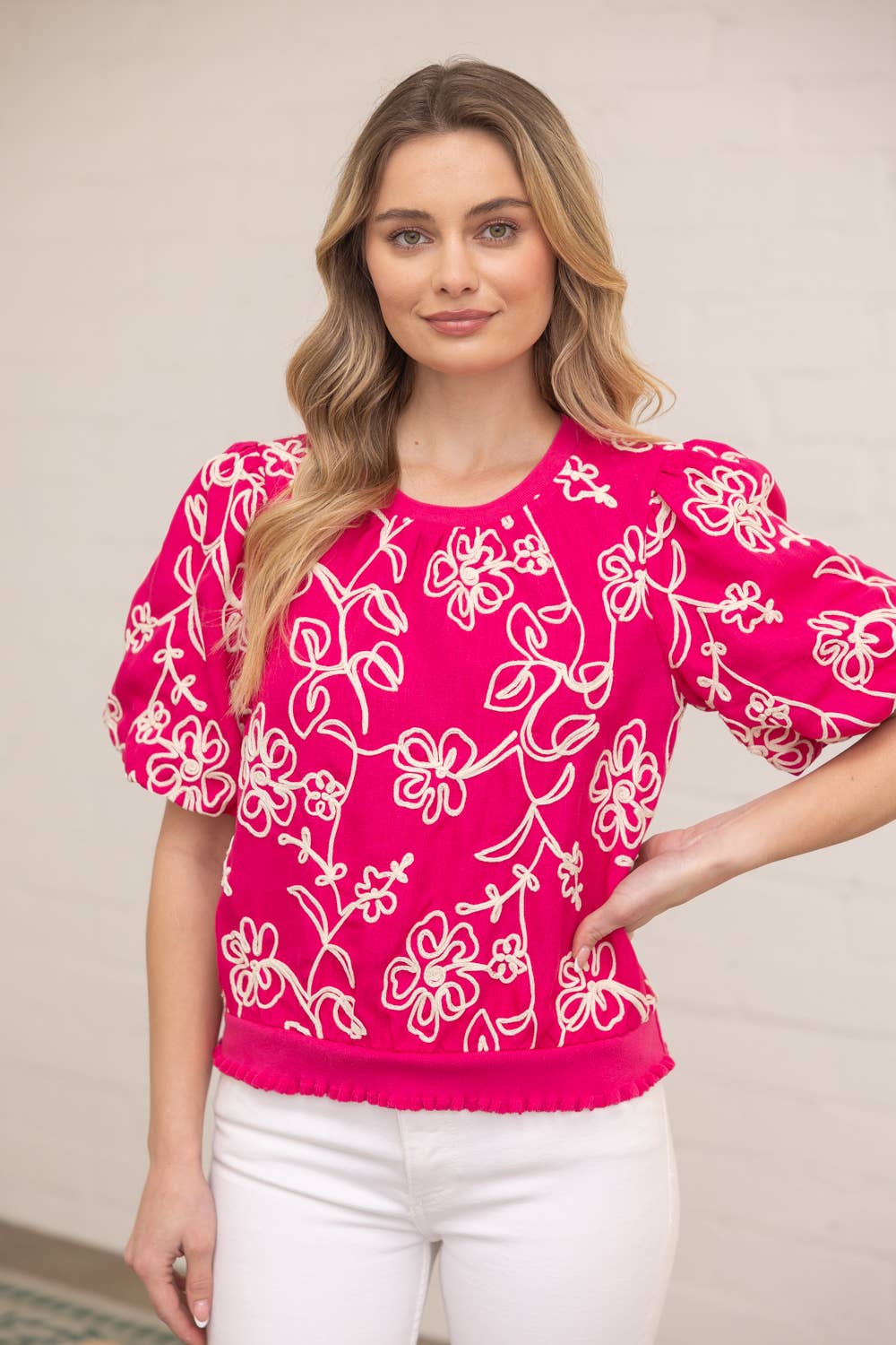 35867 Floral Embroidered Short Bubble Sleeve Top: Pink / S