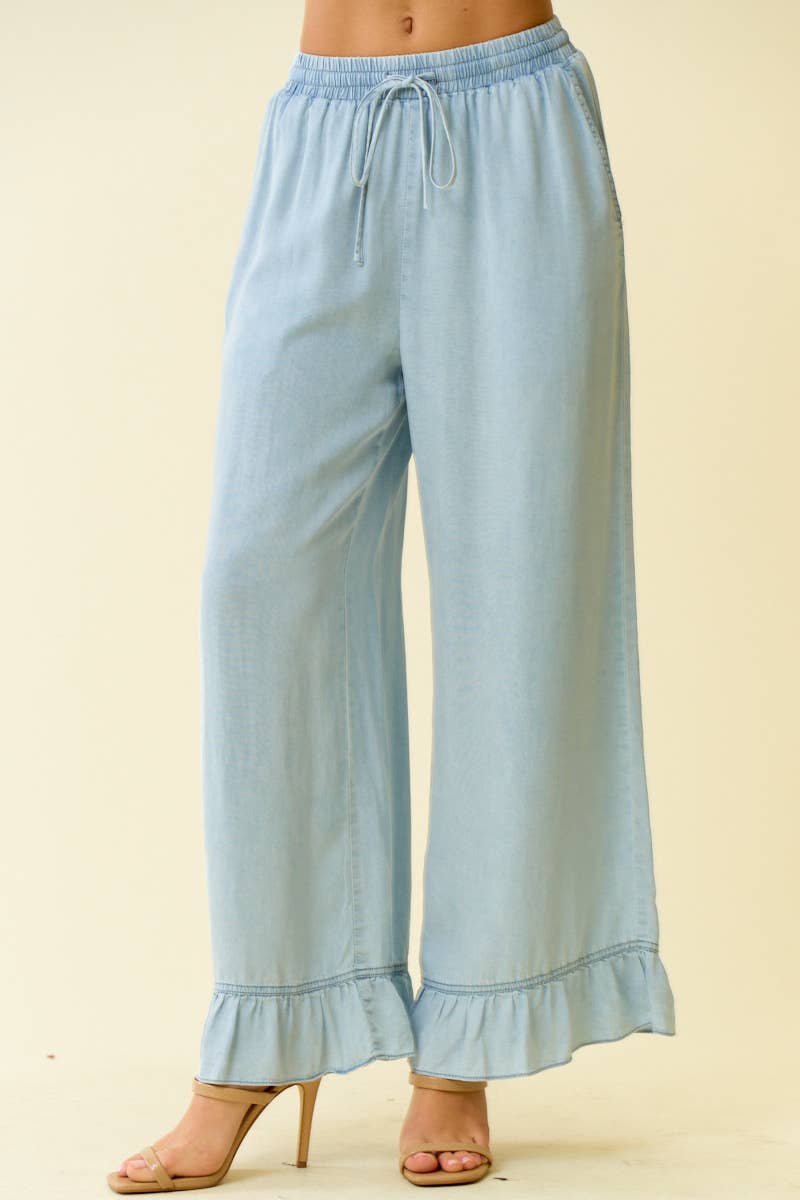 DENIM RUFFLE BOTTOM WIDE LEG PANTS - 8887P: DENIM / S