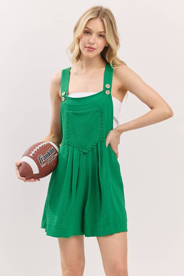 Scallop Pocket Strap Romper: RED / S