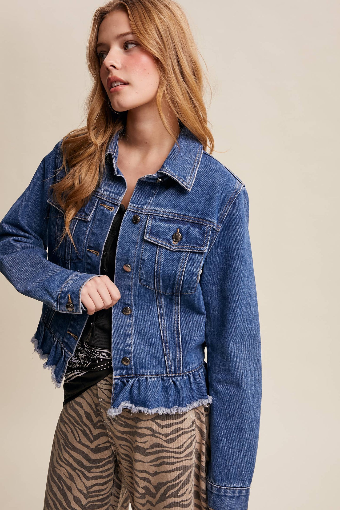 Boho Ruffle Hem Denim Jacket