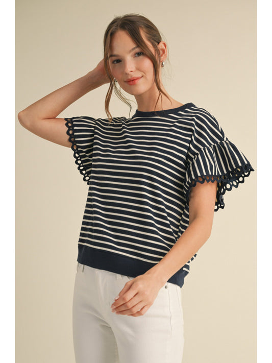 Navy Striped Eyelet Top