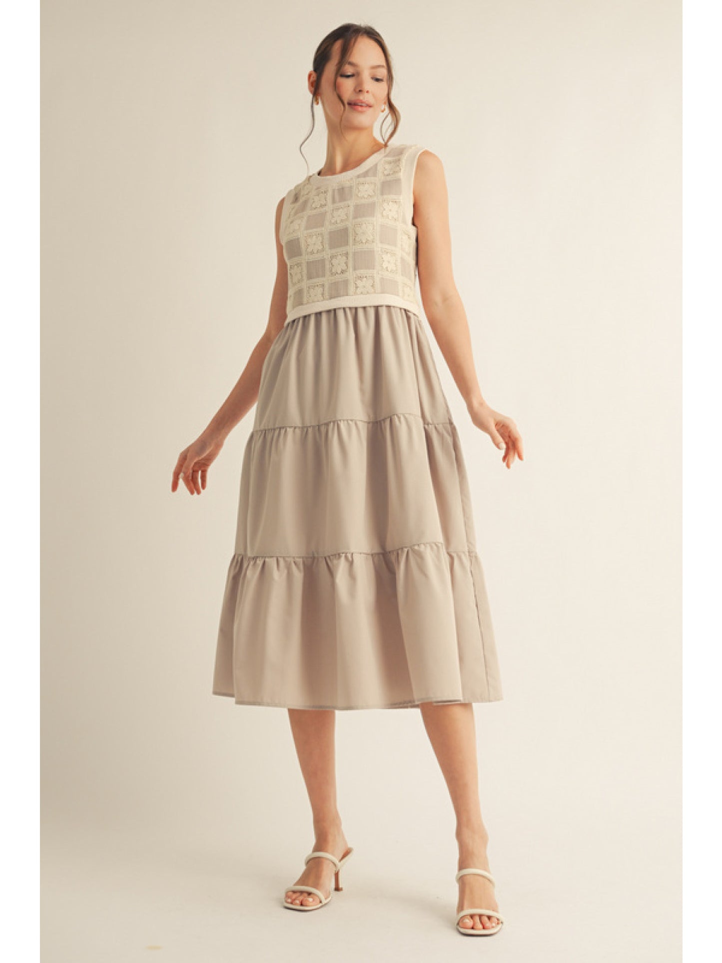 Patchwork Petal Taupe Sleeveless Midi Dress