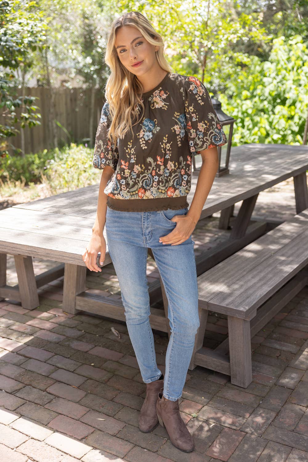 37037 Floral Embroidered Boarder Print Rib Band Top: Brown / S