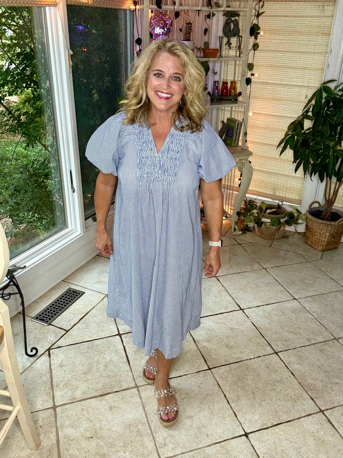 Blue & White Pinstripe Smocked Midi Dress