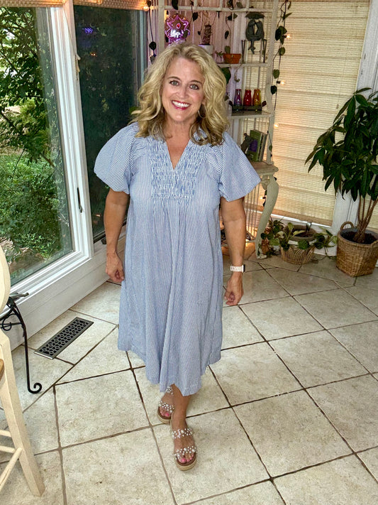 Blue & White Pinstripe Smocked Midi Dress