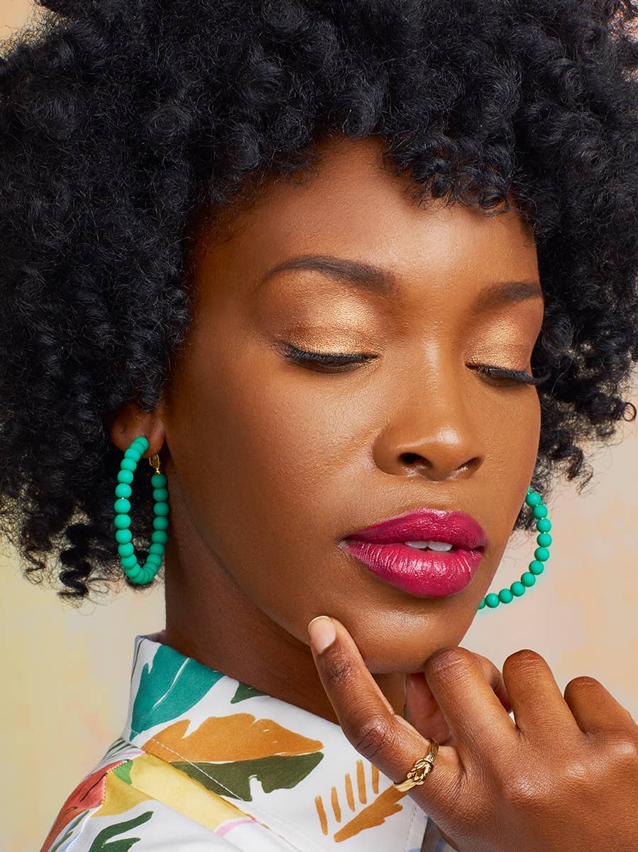 Emerald Matte Beaded Hoop Earring
