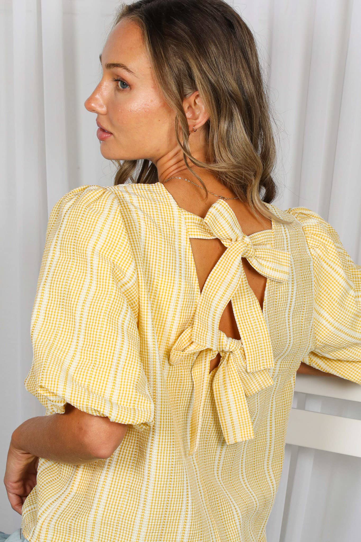 V-Back 2 Bow Accent Feminine Plaid Blouse Top VT82621C: Yellow / S