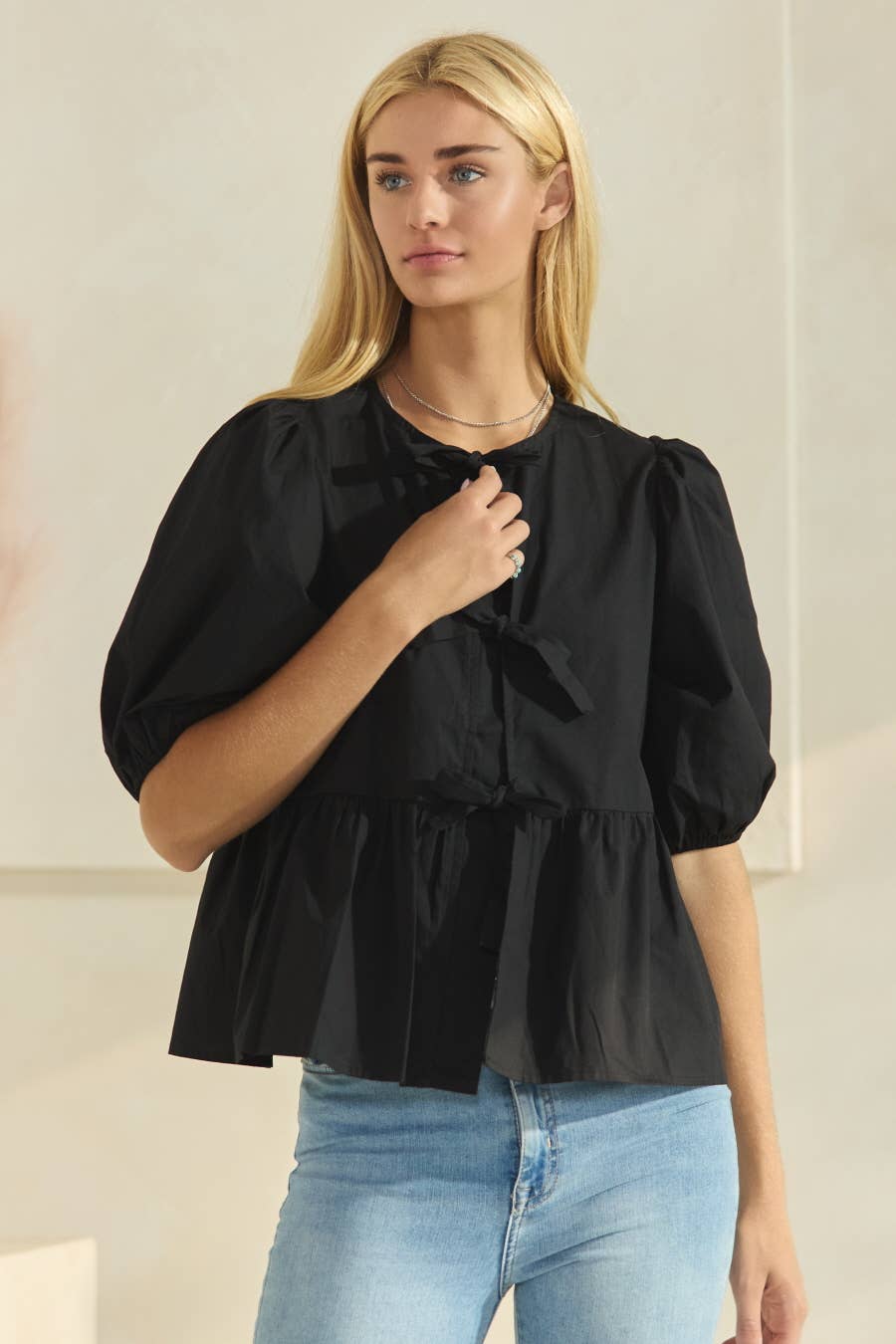 Plus Solid Cotton Poplin Front Tie Ribbon Blouse: Red / XL