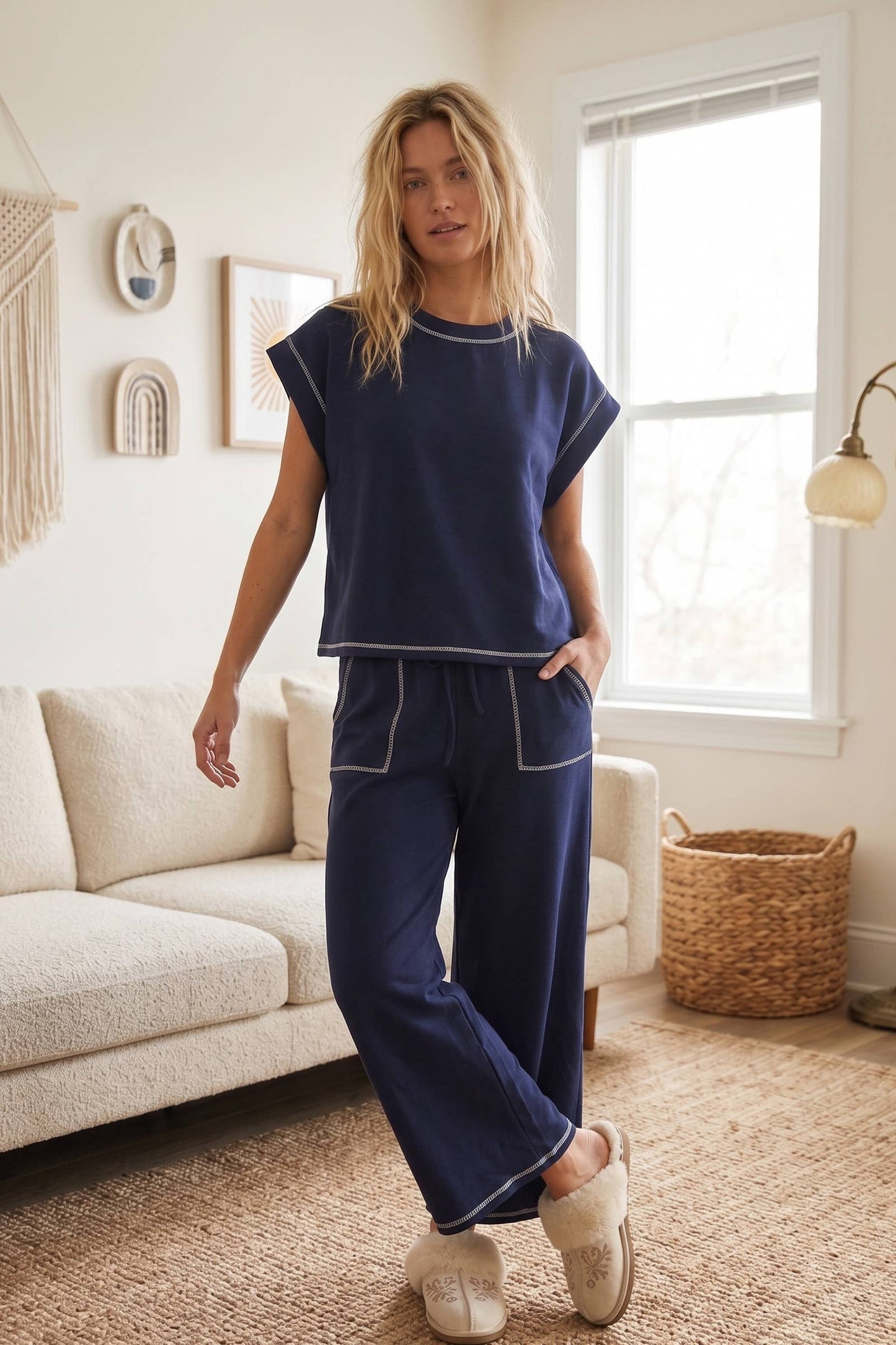(Original Design) Scuba Contrast Stitch Lounge Set: RED / S
