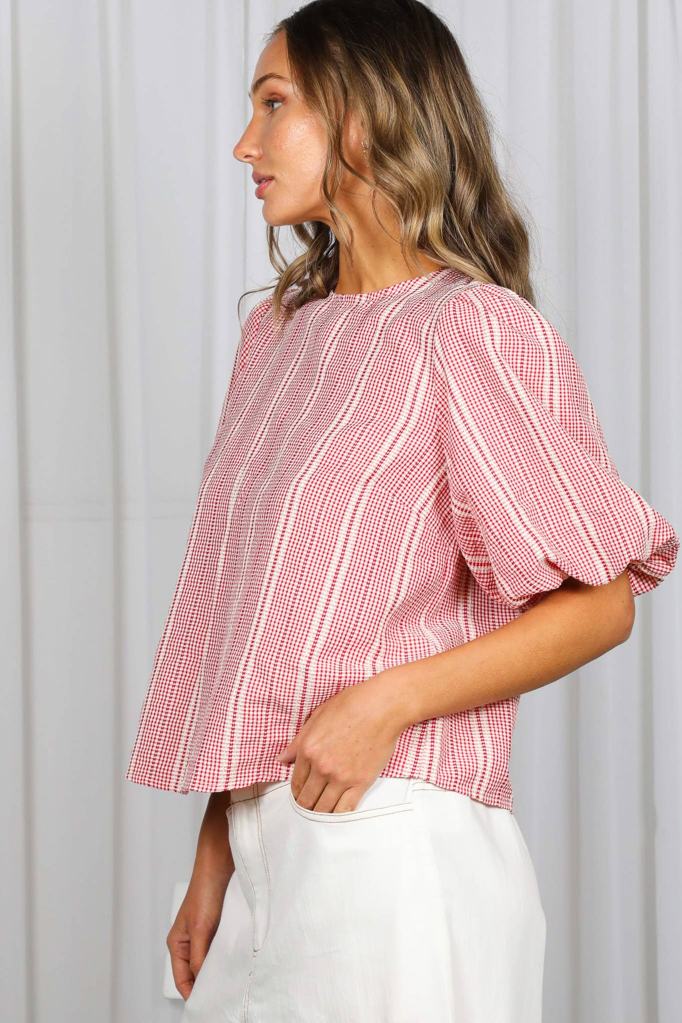 V-Back 2 Bow Accent Feminine Plaid Blouse Top VT82621C: Yellow / S