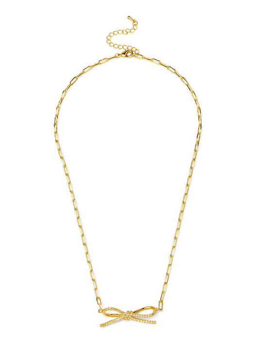 Pavé Bow Charm Short Necklace: GD/CLR