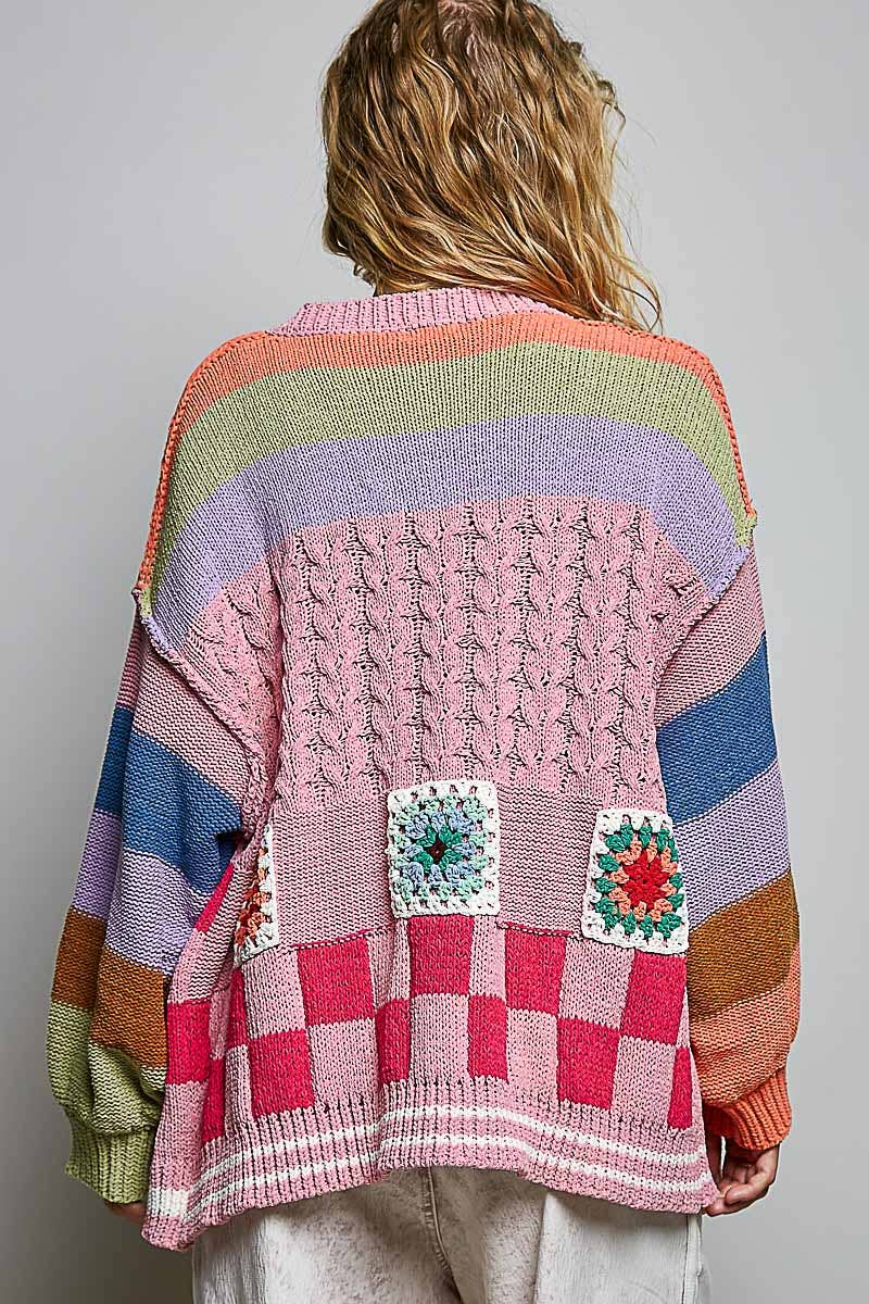 Handmade Patchwork Striped Chenille Sweater Open Cardigan: ROSE MULTI / S