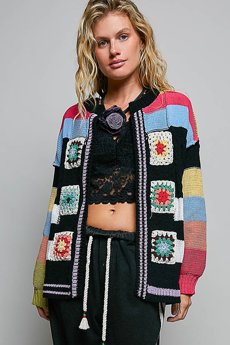 Handmade Patchwork Striped Chenille Sweater Open Cardigan: ROSE MULTI / S