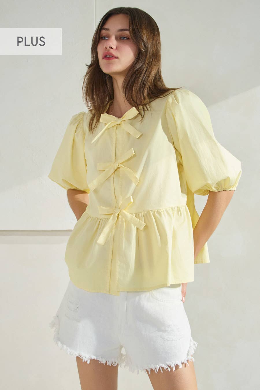 Plus Solid Cotton Poplin Front Tie Ribbon Blouse: Red / XL