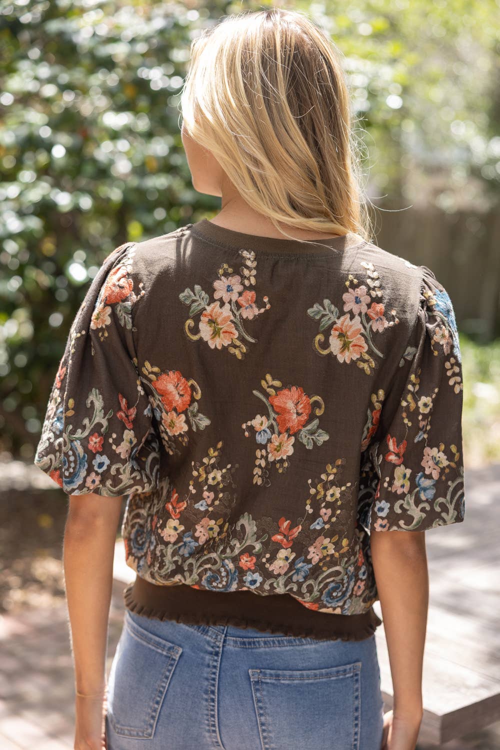 37037 Floral Embroidered Boarder Print Rib Band Top: Brown / S