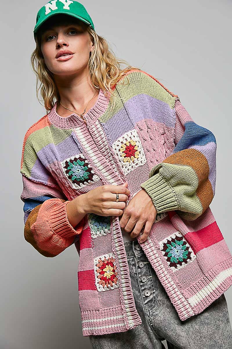 Handmade Patchwork Striped Chenille Sweater Open Cardigan: ROSE MULTI / S
