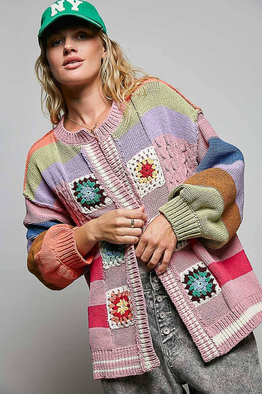 Handmade Patchwork Striped Chenille Sweater Open Cardigan: ROSE MULTI