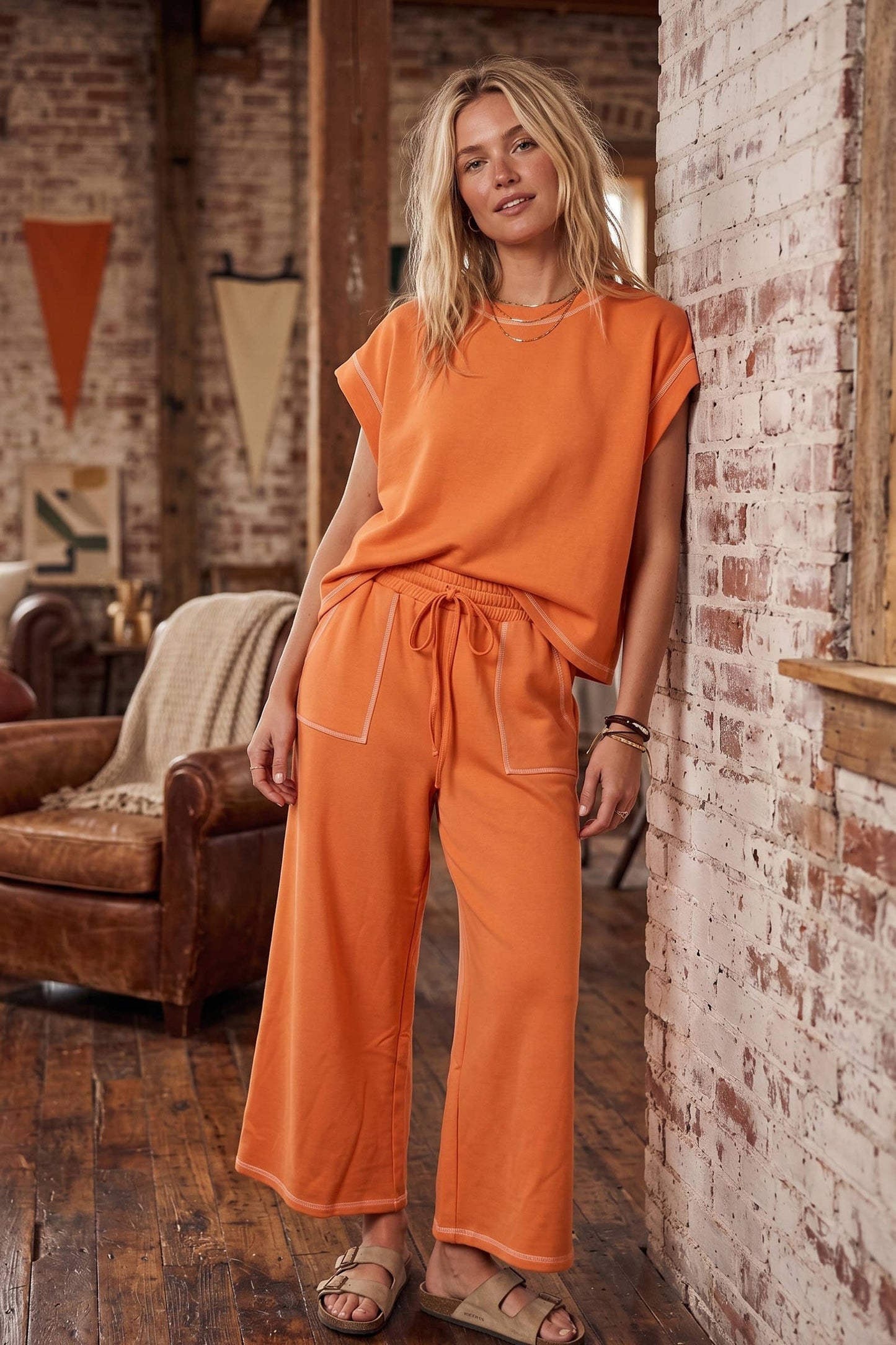 (Original Design) Scuba Contrast Stitch Lounge Set: RED / S